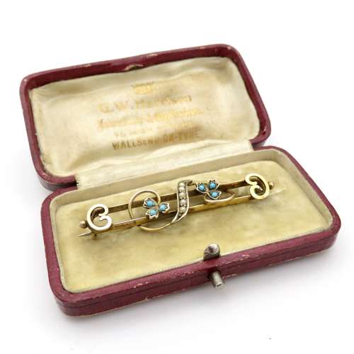 9ct Gold Turquoise and Seed Pearl Brooch in original box