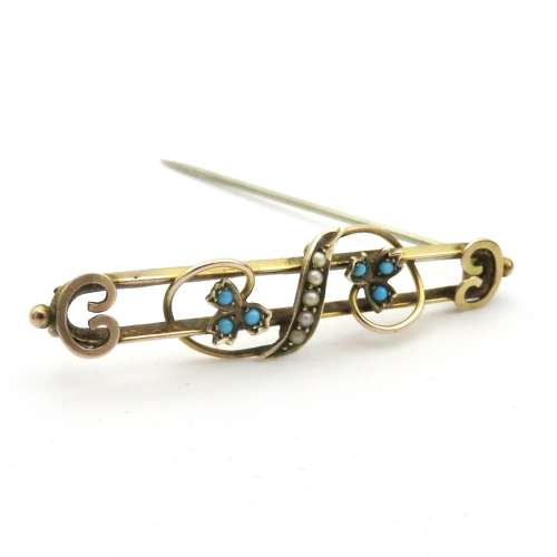 9ct Gold Turquoise and Seed Pearl Brooch in original box