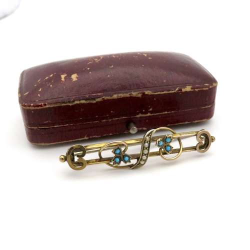 9ct Gold Turquoise and Seed Pearl Brooch in original box