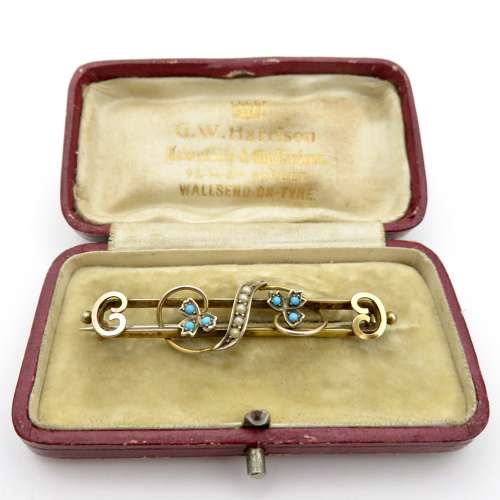 9ct Gold Turquoise and Seed Pearl Brooch in original box