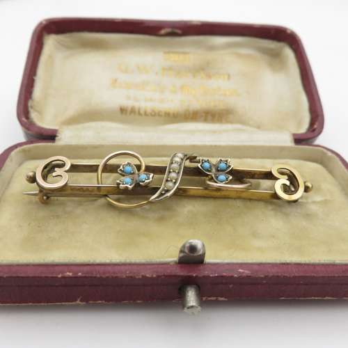 9ct Gold Turquoise and Seed Pearl Brooch in original box