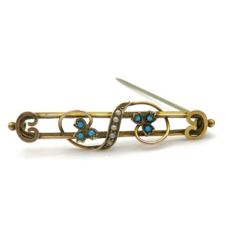 9ct Gold Turquoise and Seed Pearl Brooch in original box