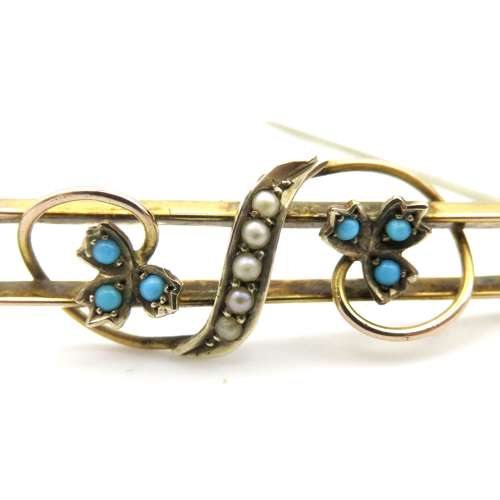 9ct Gold Turquoise and Seed Pearl Brooch in original box