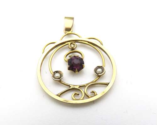 9ct gold amethyst and seed pearl pendant