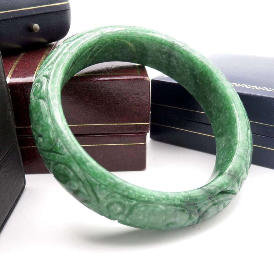 Carved Green Jade Bangle Bracelet