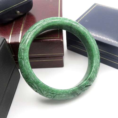 Carved Green Jade Bangle Bracelet