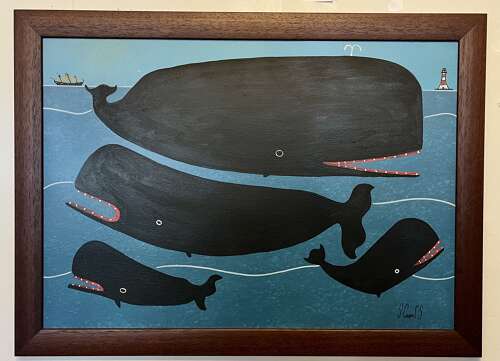 Steve Camps: oil on board: whales, lighthouse and ship