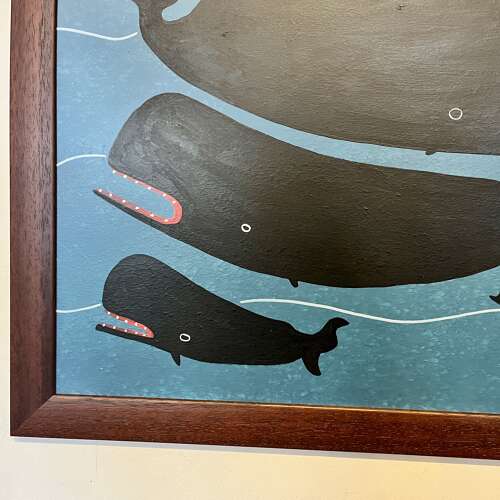 Steve Camps: oil on board: whales, lighthouse and ship