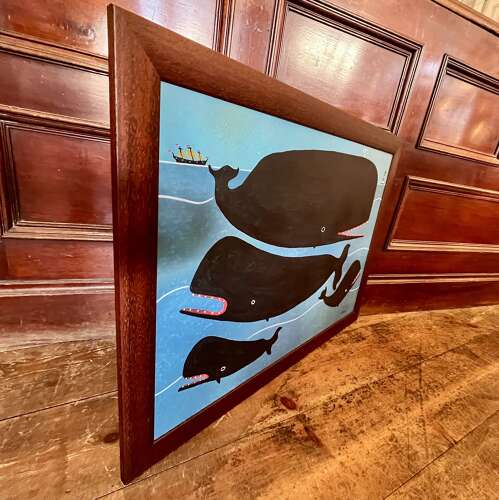 Steve Camps: oil on board: whales, lighthouse and ship