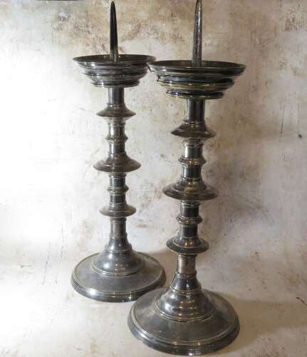 19thC pair of silvered brass pricket candlesticks