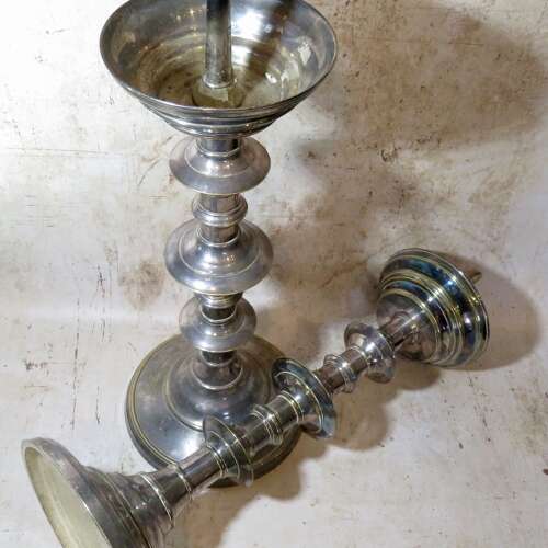 19thC pair of silvered brass pricket candlesticks