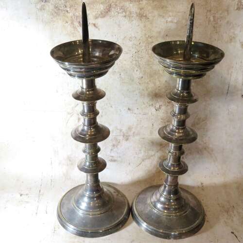 19thC pair of silvered brass pricket candlesticks