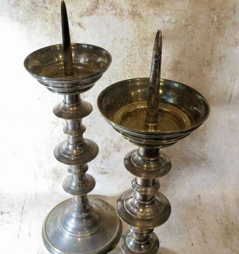 19thC pair of silvered brass pricket candlesticks