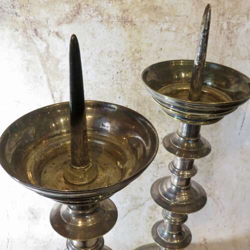 19thC pair of silvered brass pricket candlesticks