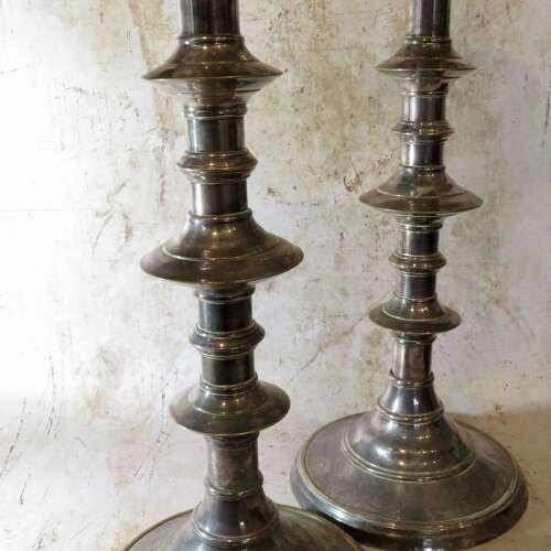 19thC pair of silvered brass pricket candlesticks