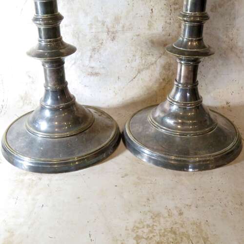 19thC pair of silvered brass pricket candlesticks