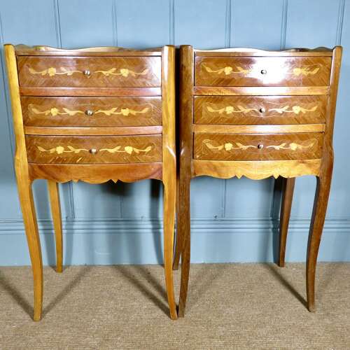 Pair of 20th Century French Kingwood & Marquetry Bedside Chests
