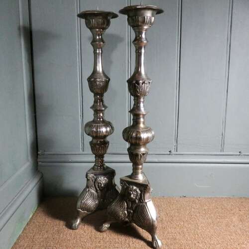 Pair Silvered Brass Pricket Altar Sticks