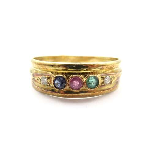 Classic 18ct Gold Rainbow Gemstone Ring – Emerald, Ruby, Sapphire & Diamond