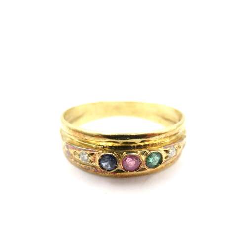 Classic 18ct Gold Rainbow Gemstone Ring – Emerald, Ruby, Sapphire & Diamond