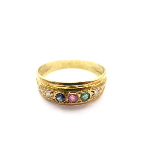 Classic 18ct Gold Rainbow Gemstone Ring – Emerald, Ruby, Sapphire & Diamond